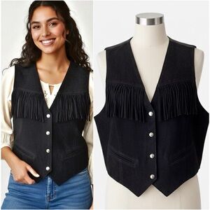 Vintage 90s Suede Fringe Brandon Thomas Black Western Vest Cowboy Core Goth Boho